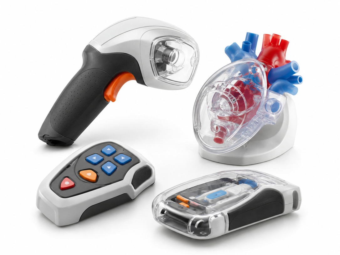 PolyJet multi-material combinations with rigid rubber-like transparent and colored sections