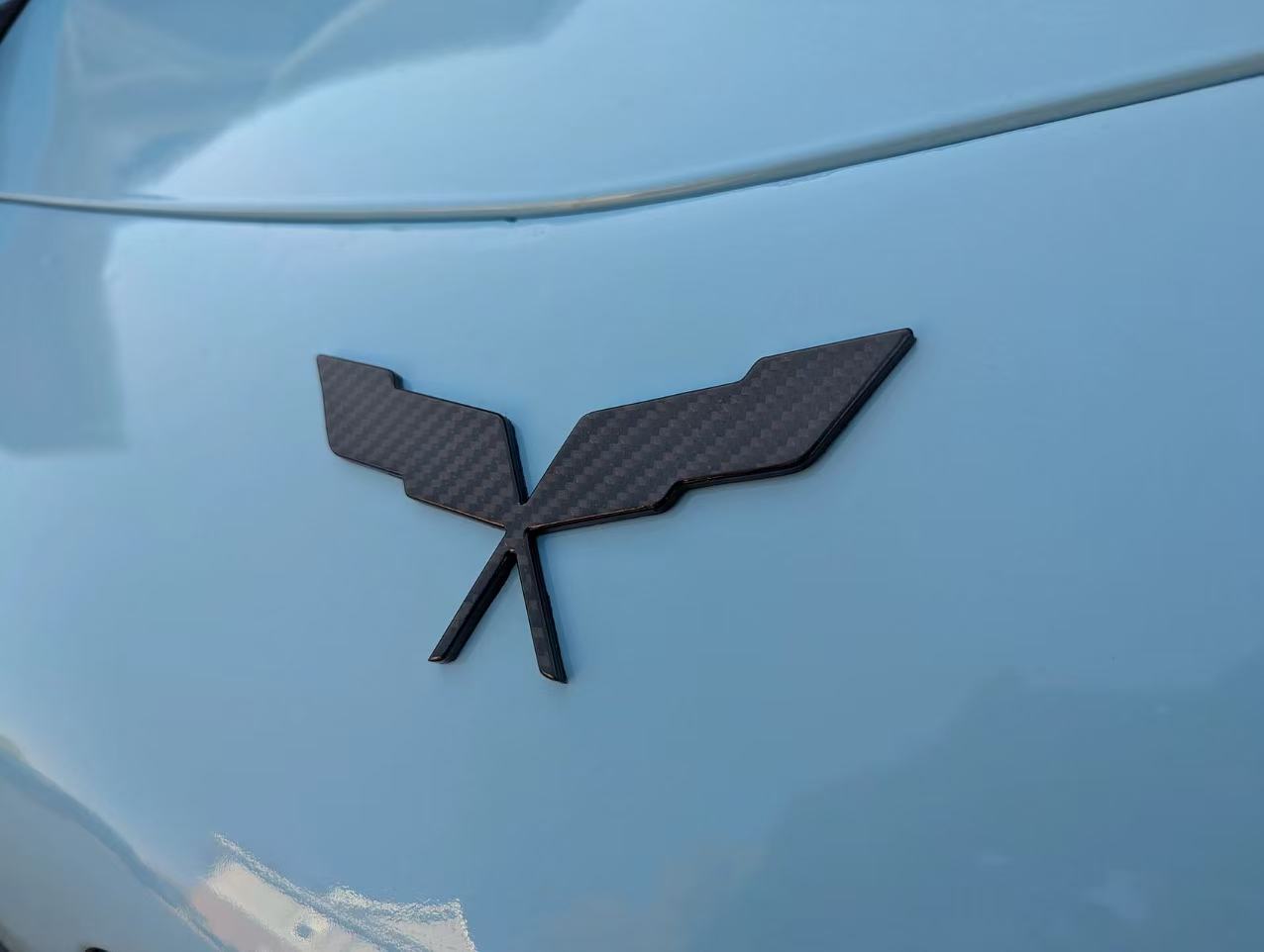 Light blue sports car featuring a custom CNC-machined carbon fiber emblem.jpg