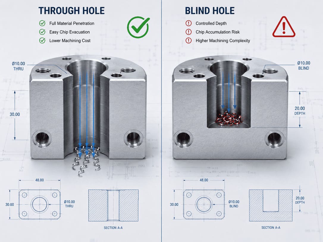 Through hole versus blind hole comparison in CNC machined aluminum components.jpg