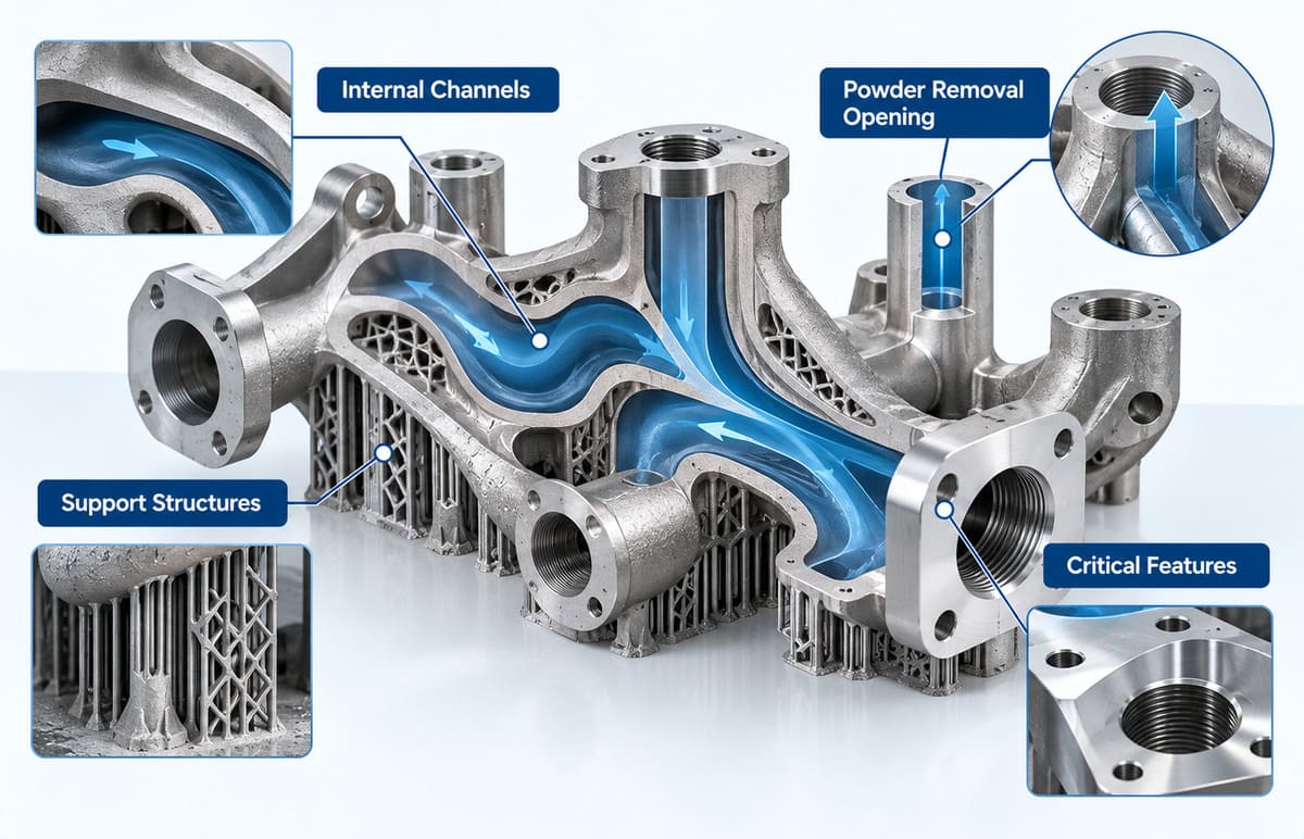 Cutaway schematic of a metal 3D printed manifold showing internal channels and powder removal openings.jpg
