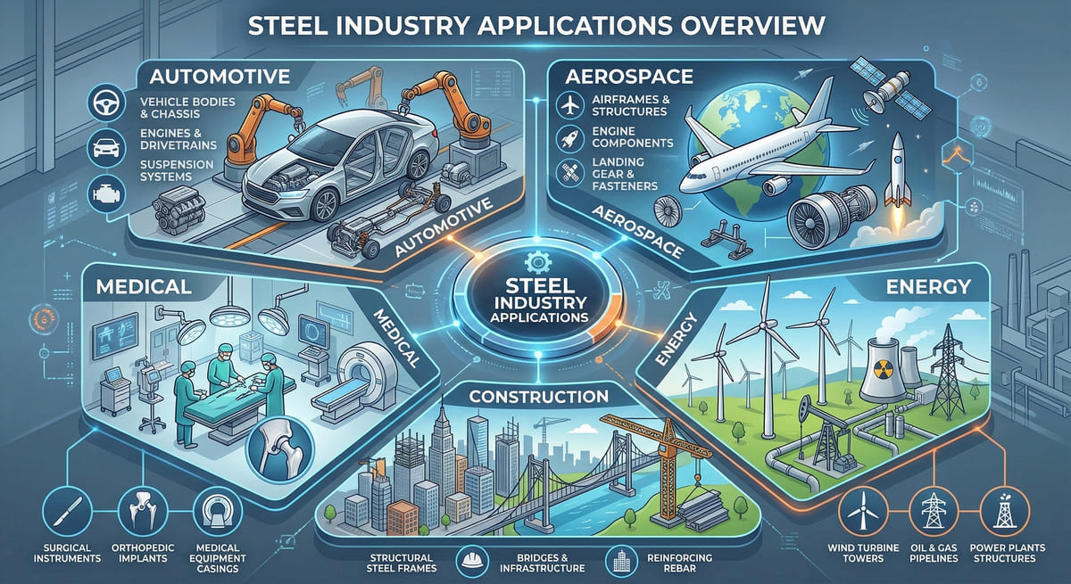 steel industrial applications automotive aerospace energy infrastructure manufacturing