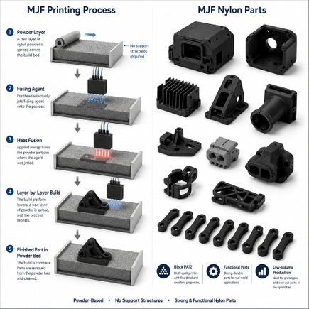 MJF 3D printing process using fusing agents and heat to create nylon parts
