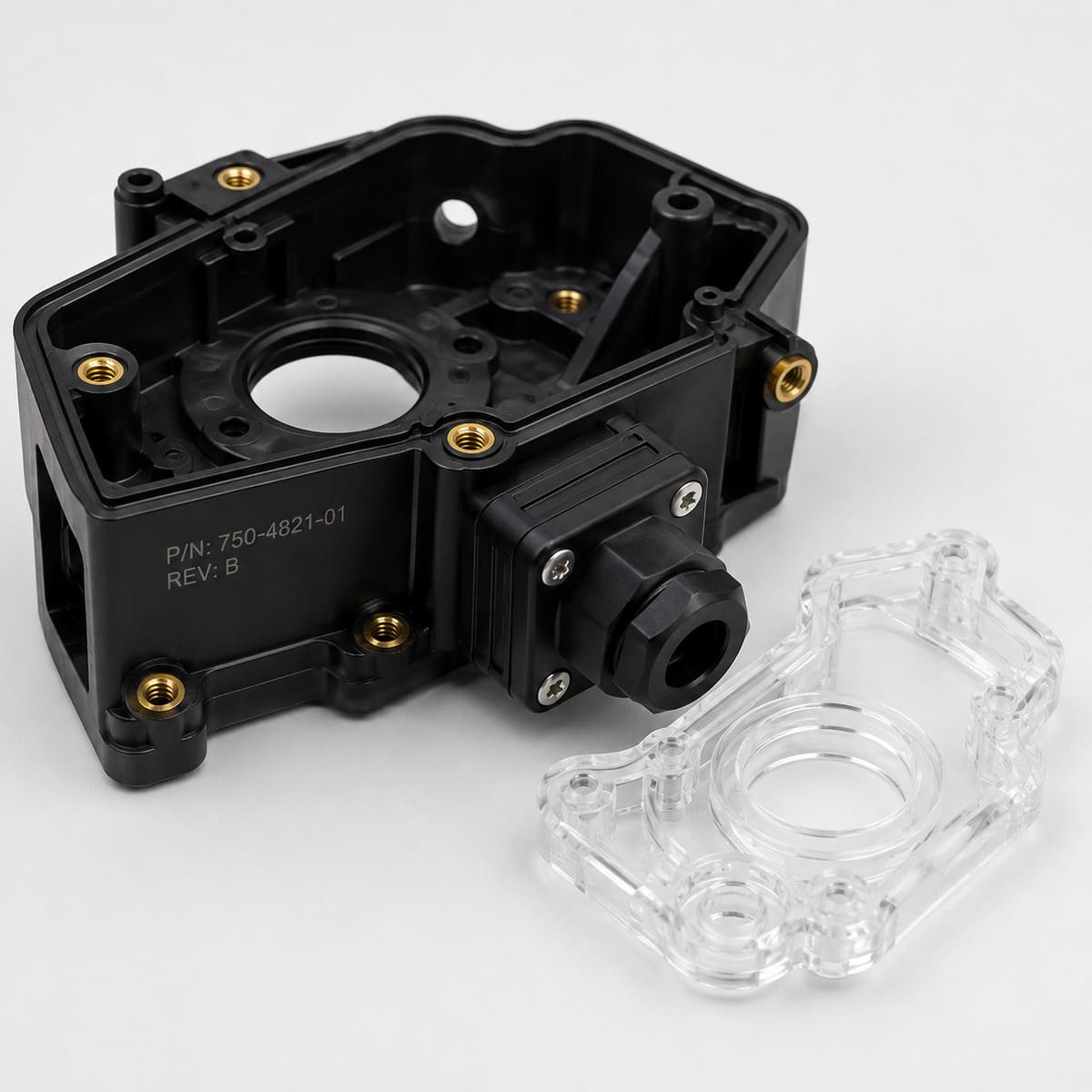 Engineering plastic parts with polished surfaces, laser marking and threaded inserts