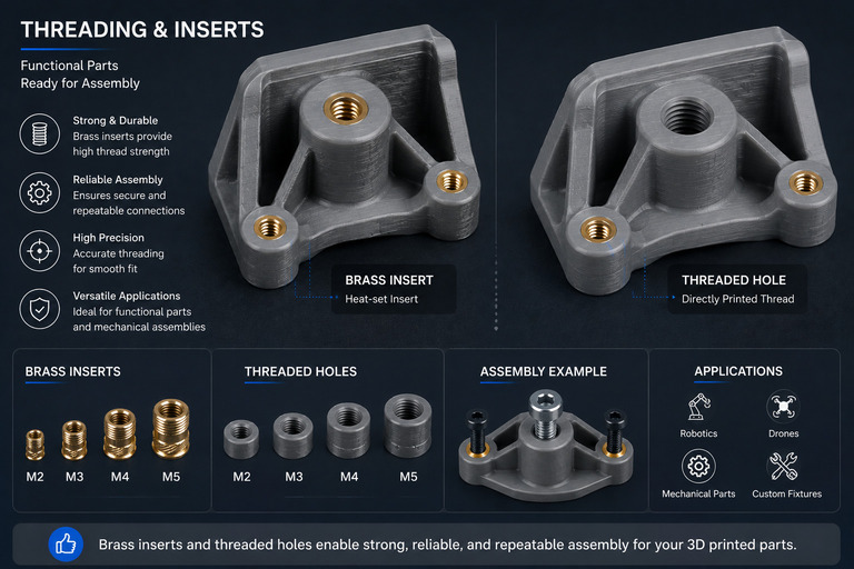 Threading and insert installation for 3D printed parts