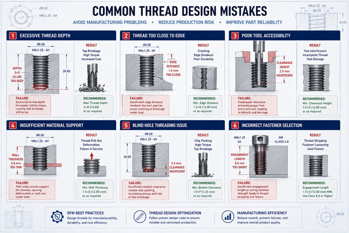 Common thread design mistakes including excessive thread depth, poor accessibility, and insufficient wall thickness.jpg