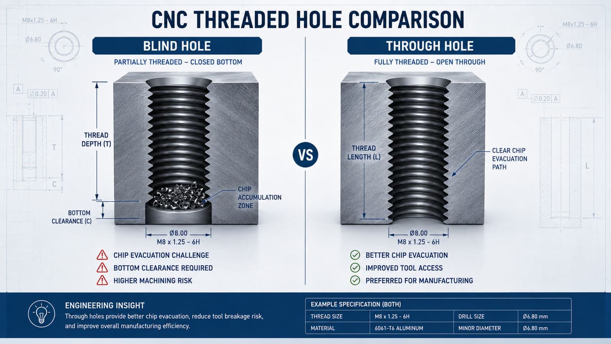 Blind hole versus through hole threaded feature comparison for CNC machining applications.jpg