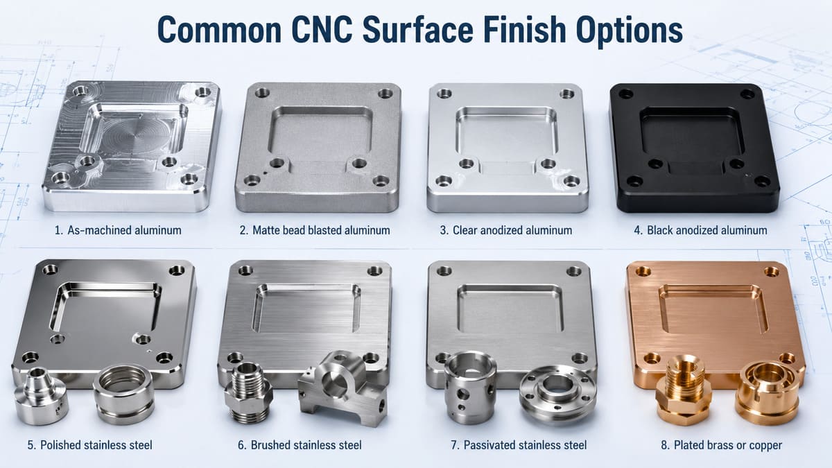 Common CNC machining surface finish options including bead blasting, anodizing, polishing, brushing, and passivation