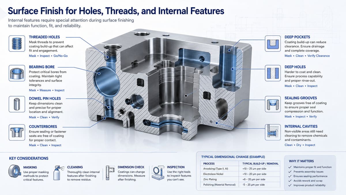 Surface finish considerations for CNC holes, threaded holes, bearing bores, and internal features