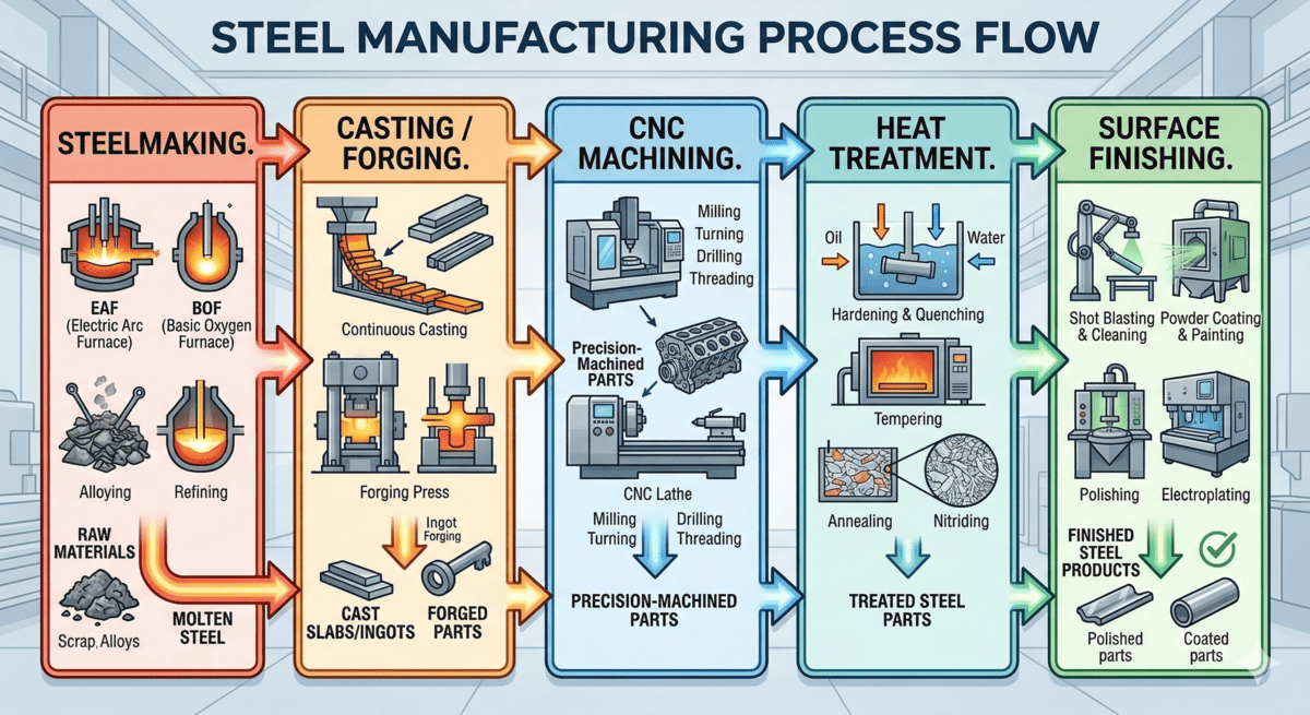 steel manufacturing process steelmaking forging cnc machining heat treatment