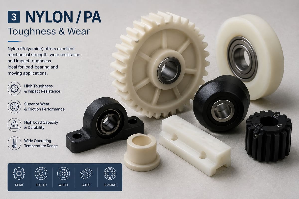 Nylon gears and rollers for tough wear-resistant mechanical applications