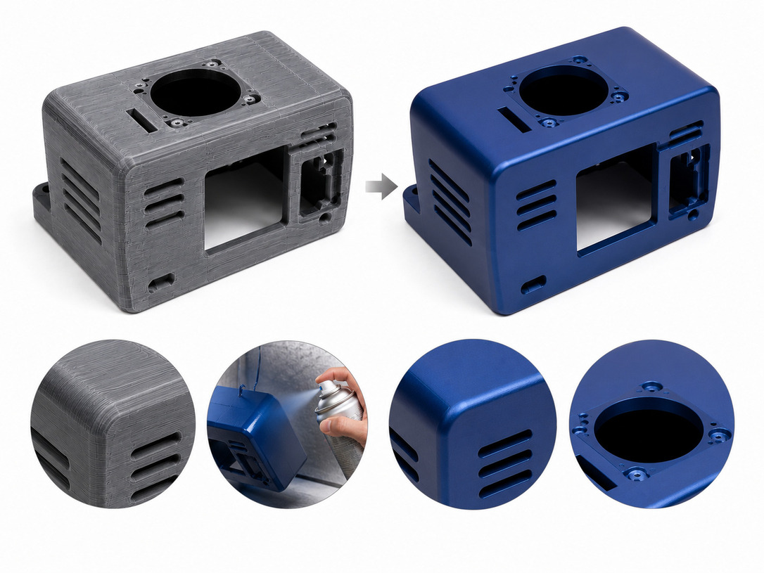 Painted FDM plastic prototype with custom color finish for product presentation