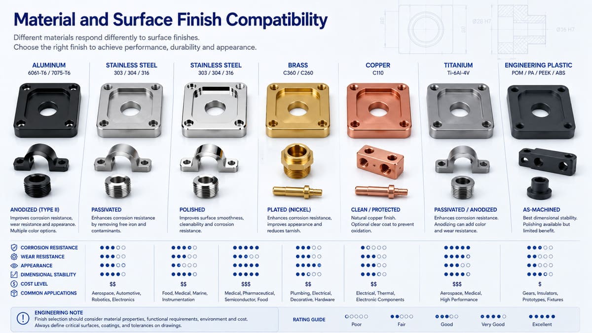 Material and surface finish compatibility for aluminum, stainless steel, brass, copper, titanium, and engineering plastics
