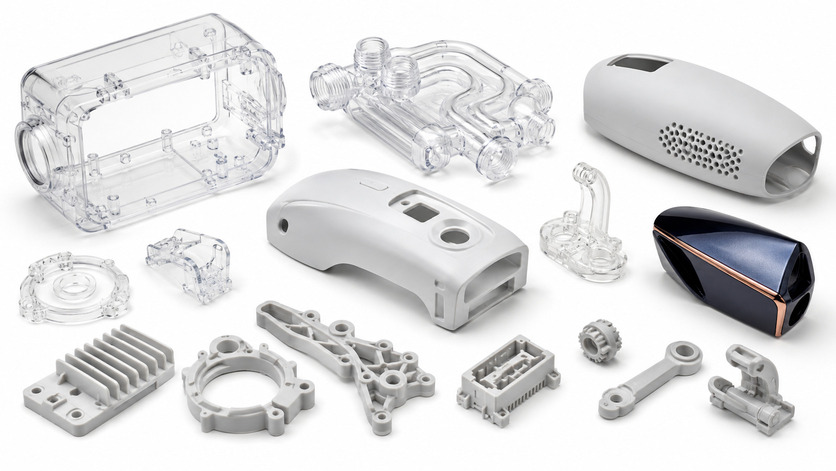 SLA 3D printed resin prototypes with smooth surface finish and clear resin parts
