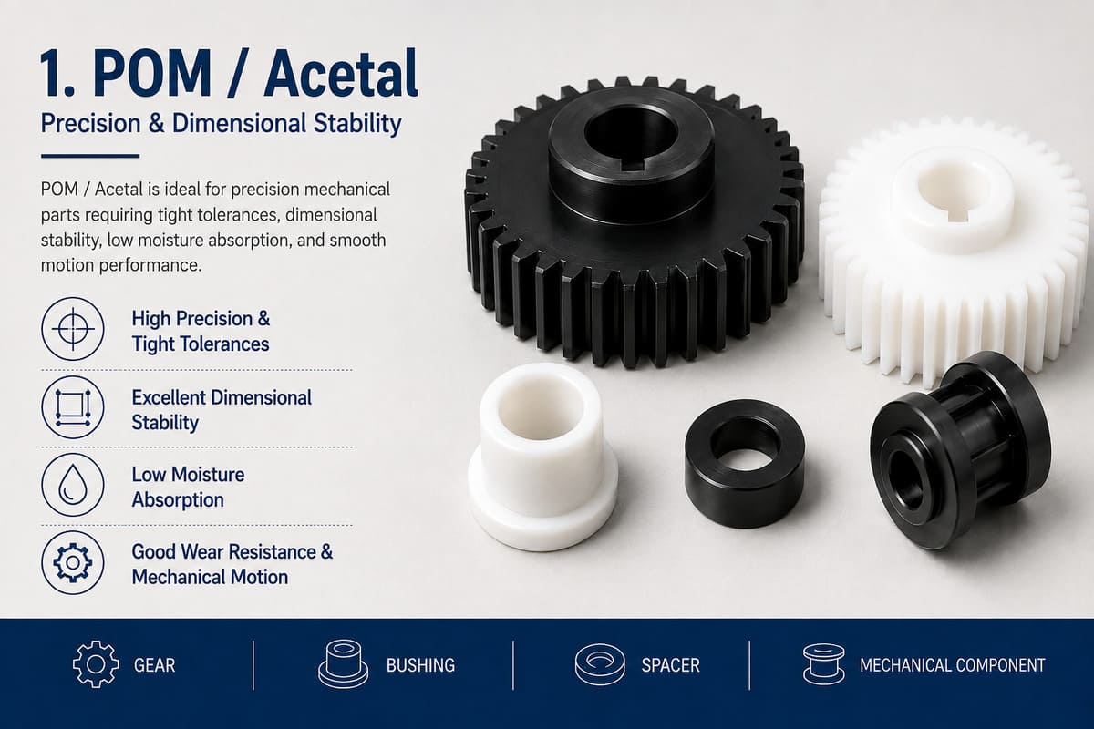 POM acetal precision gears and bushings for dimensionally stable mechanical parts