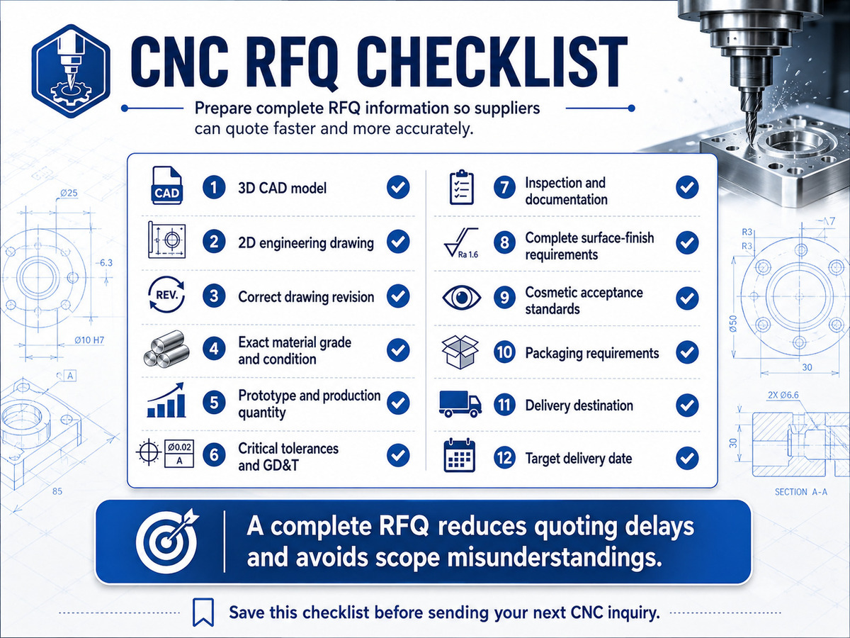 CNC machining RFQ checklist covering CAD files, drawings, material, quantity, tolerances, finishing, inspection, packaging, and delivery.jpg