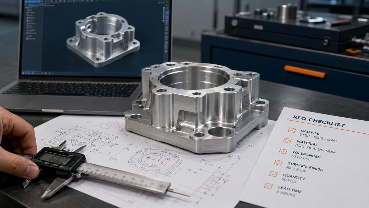 CNC machined aluminum part with a technical drawing, CAD model and RFQ checklist.jpg
