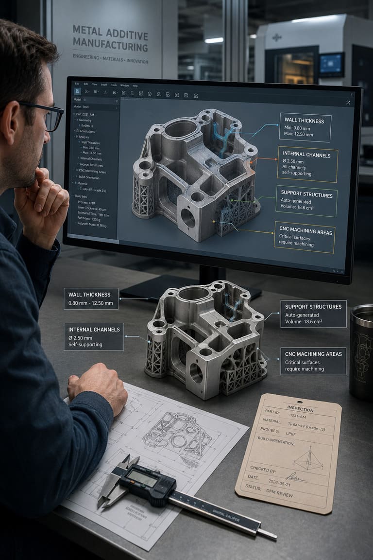 Engineering review for metal 3D printing feasibility with CAD model and metal prototype part