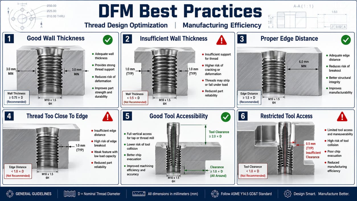 DFM guidelines for threaded features showing wall thickness, edge distance, and tool accessibility considerations.jpg