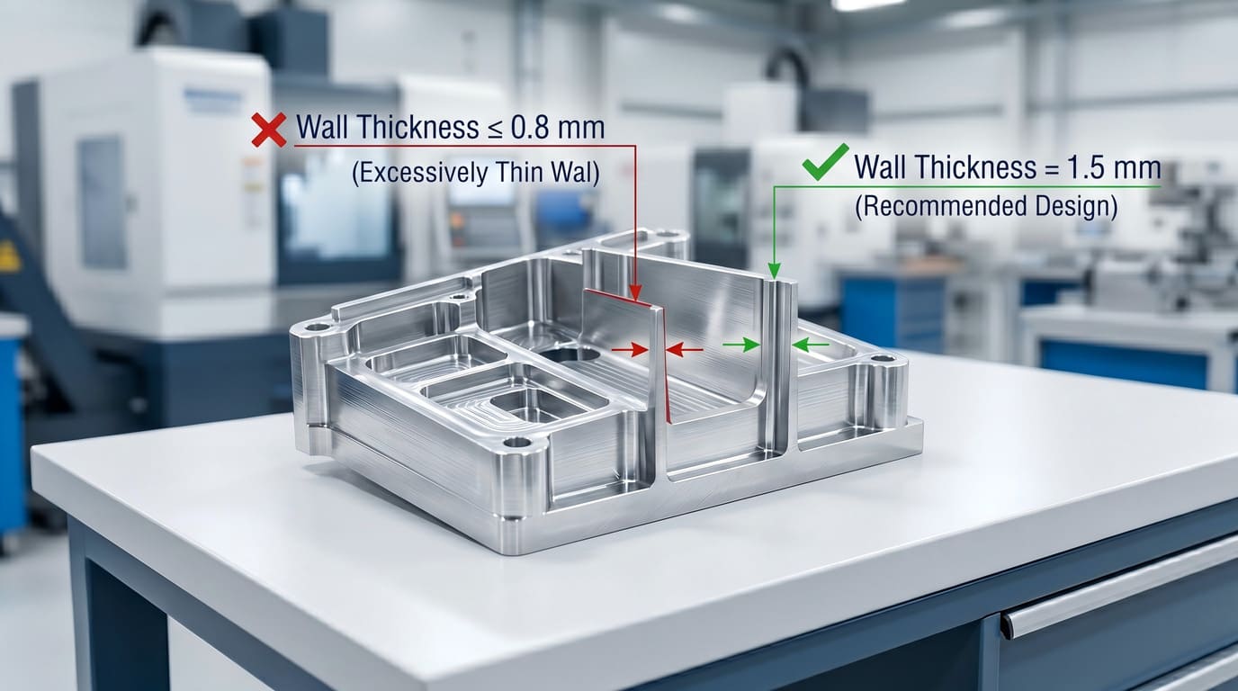 CNC machined aluminum thin wall component with engineering wall thickness design annotations.jpg