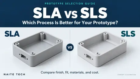 SLA vs SLS prototype selection guide with conceptual views of a resin enclosure and a nylon enclosure..webp