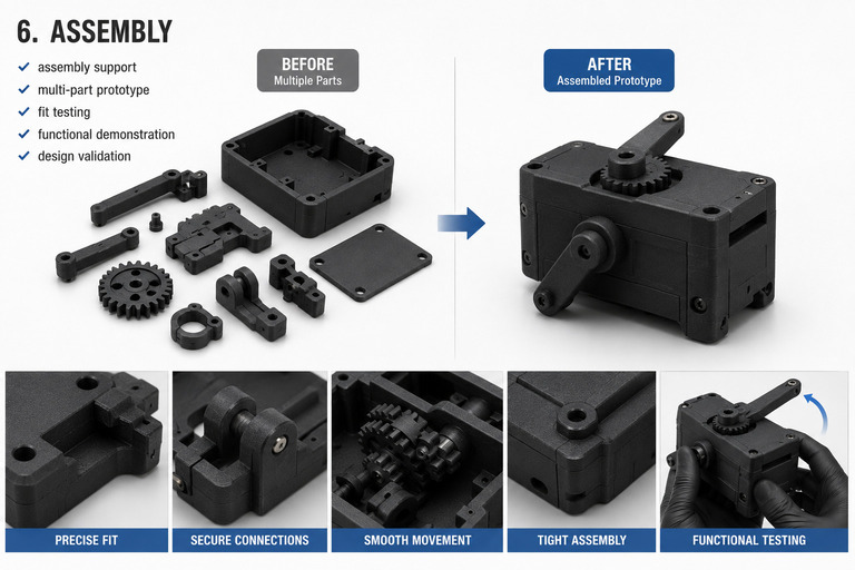 SLS nylon parts assembly support for multi-part prototypes and functional testing
