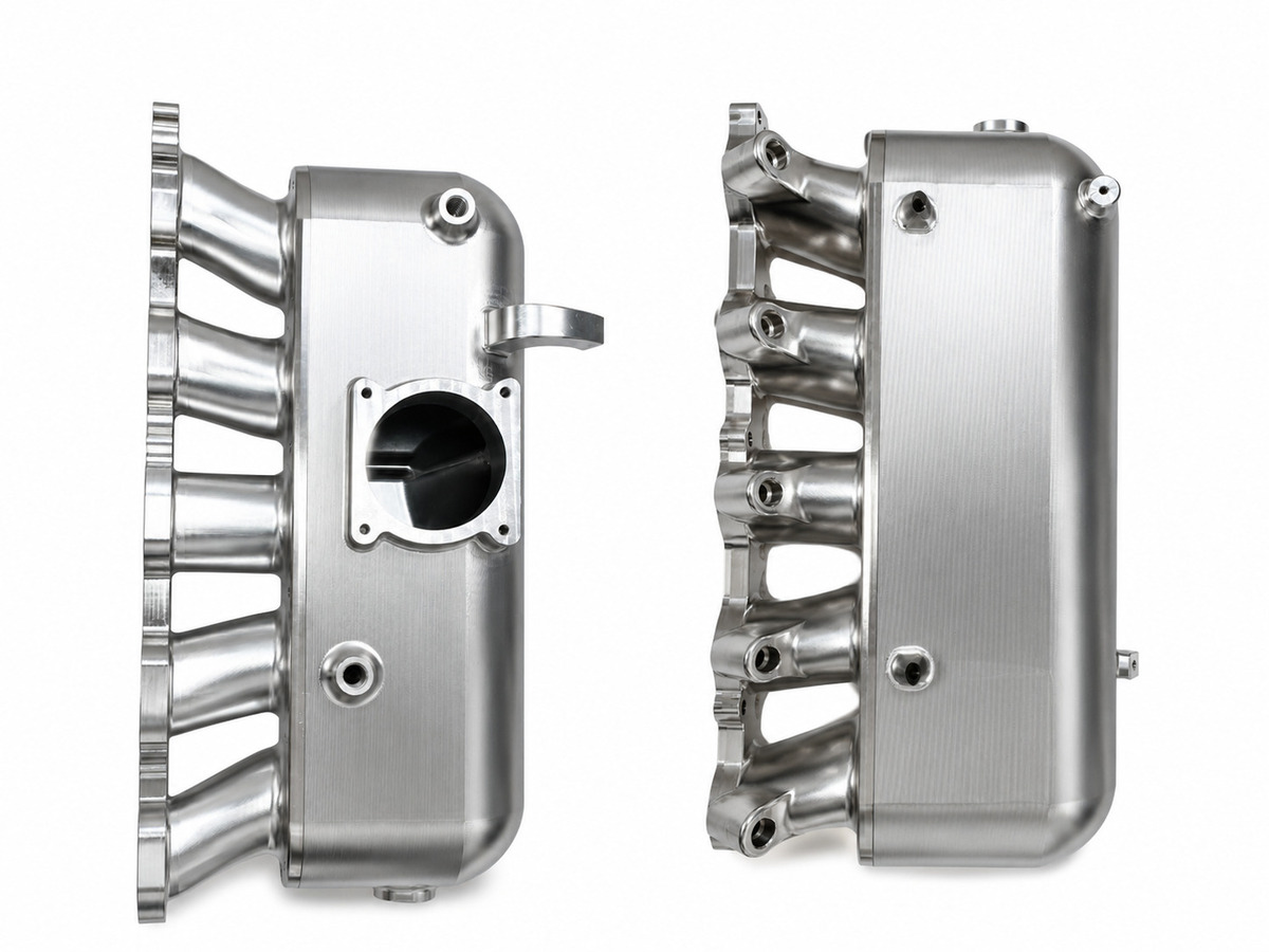 Finished five-axis CNC machined aluminum intake manifold prototype.jpg