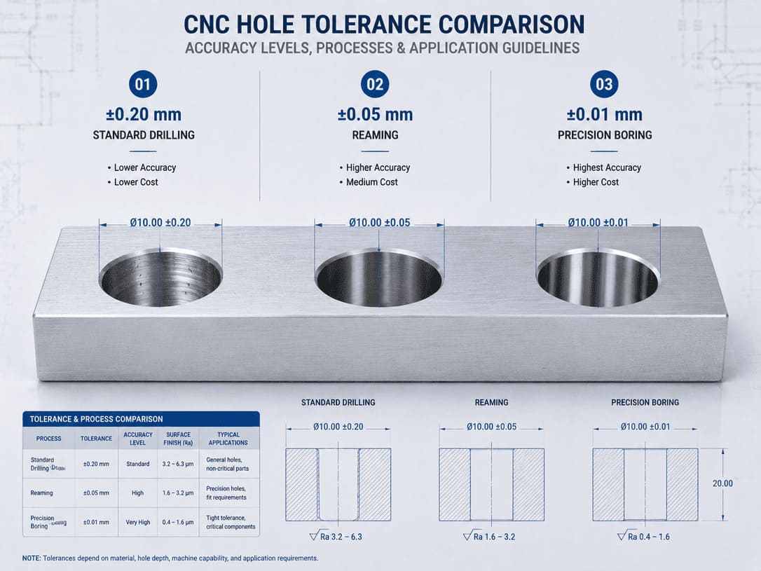 Hole tolerance comparison showing standard, precision, and tight tolerance CNC machining capabilities.jpg