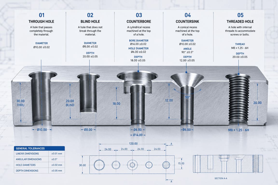 Common hole types used in CNC machining including through holes blind holes counterbores countersinks and threaded holes.jpg