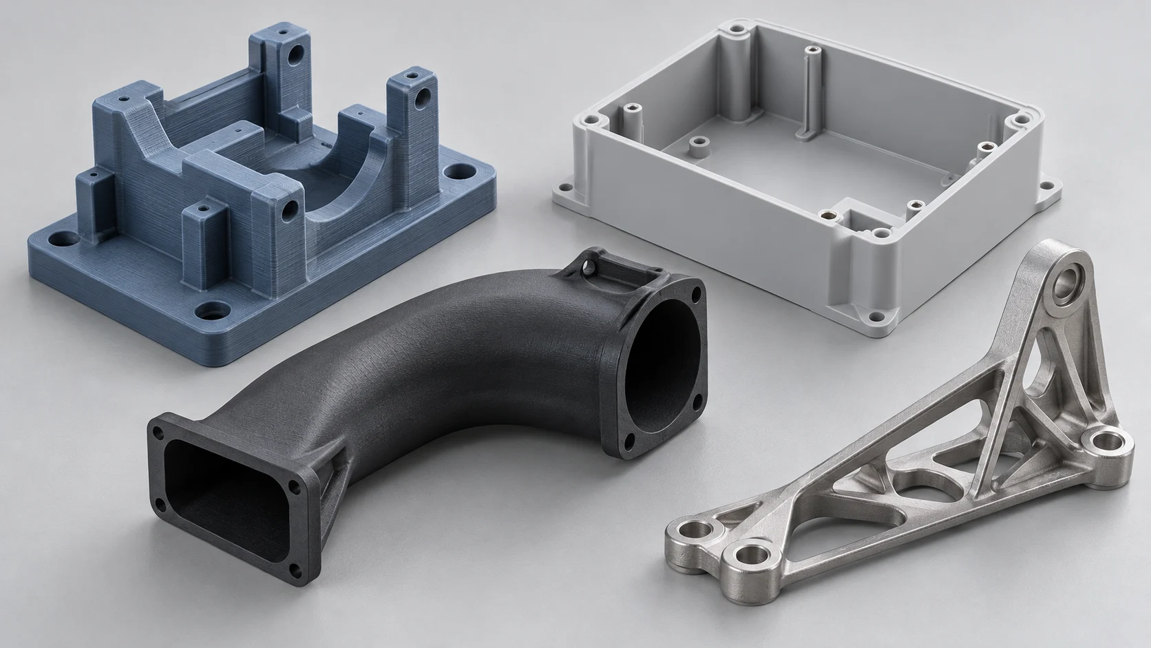Concept illustration of a polymer fixture, enclosure, air duct, and metal bracket for 3D printing process selection.