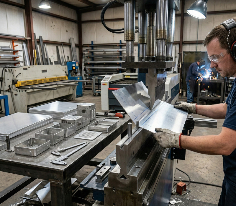 Workers are working in the sheet metal processing workshop