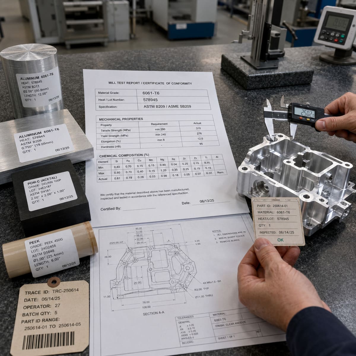 Rohmaterial&uuml;berpr&uuml;fung, Materialzertifikat und Fertigteilpr&uuml;fung