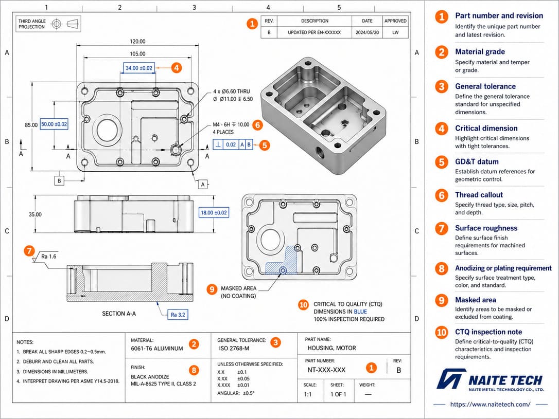 Annotated CNC machining drawing showing revision, material, tolerances, GD&amp;T and surface finish requirements.jpg