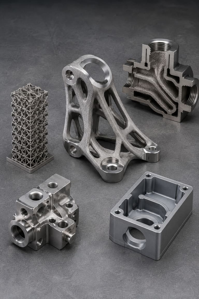 Examples of metal parts suitable for 3D printing including lightweight brackets manifolds and functional components
