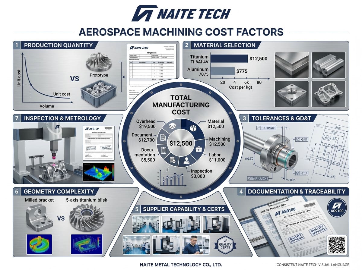 Aerospace CNC machining cost factors including material geometry tolerance inspection and production quantity.jpg