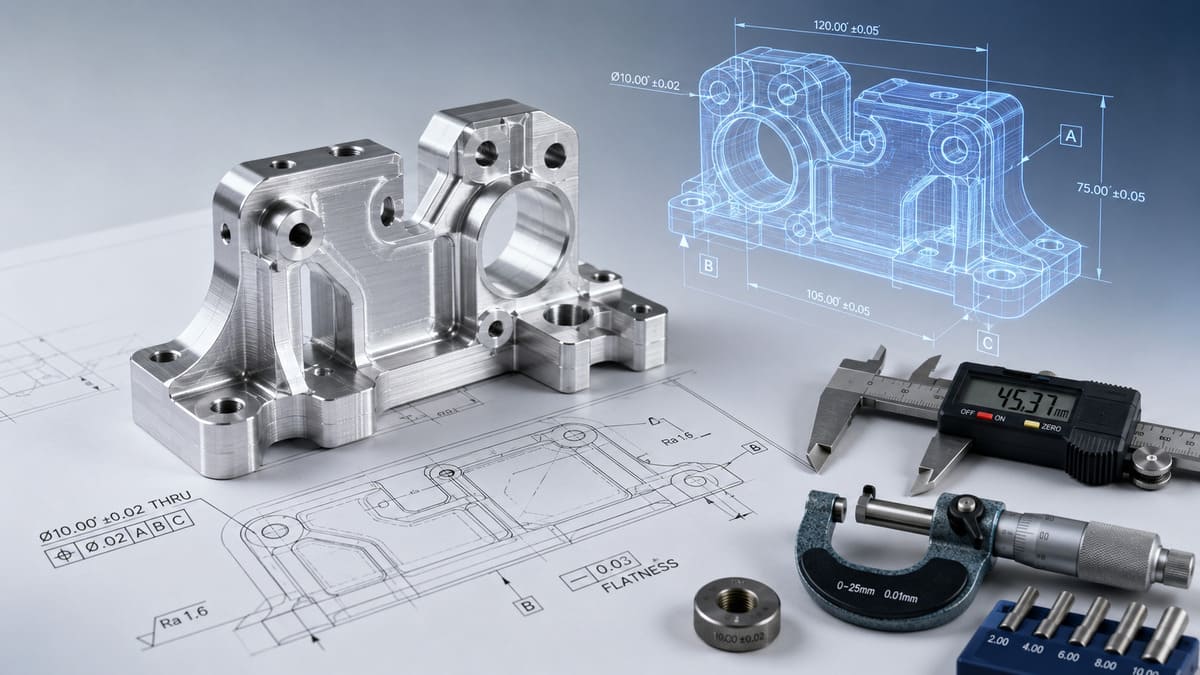 CNC machining tolerances design guide with precision machined part technical drawing and inspection tools