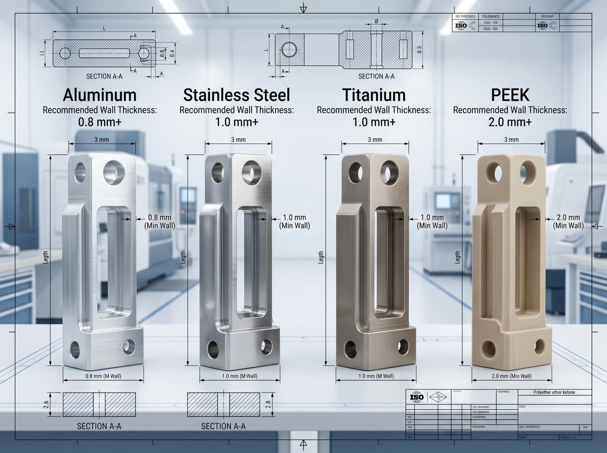 CNC machining material comparison showing recommended wall thickness by material type.jpg