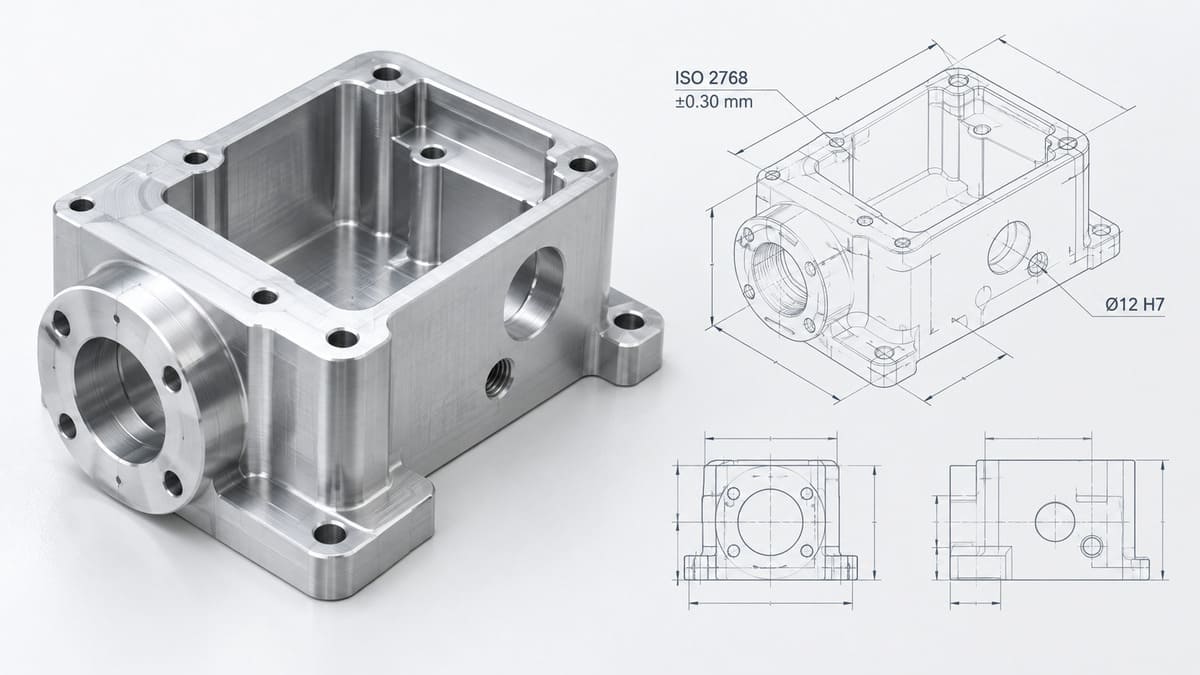 CNC machined aluminum housing with ISO 2768 tolerance dimensions on an engineering drawing.jpg